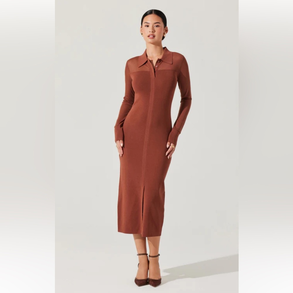 ASTR Contrast Mesh Collared Midi Dress